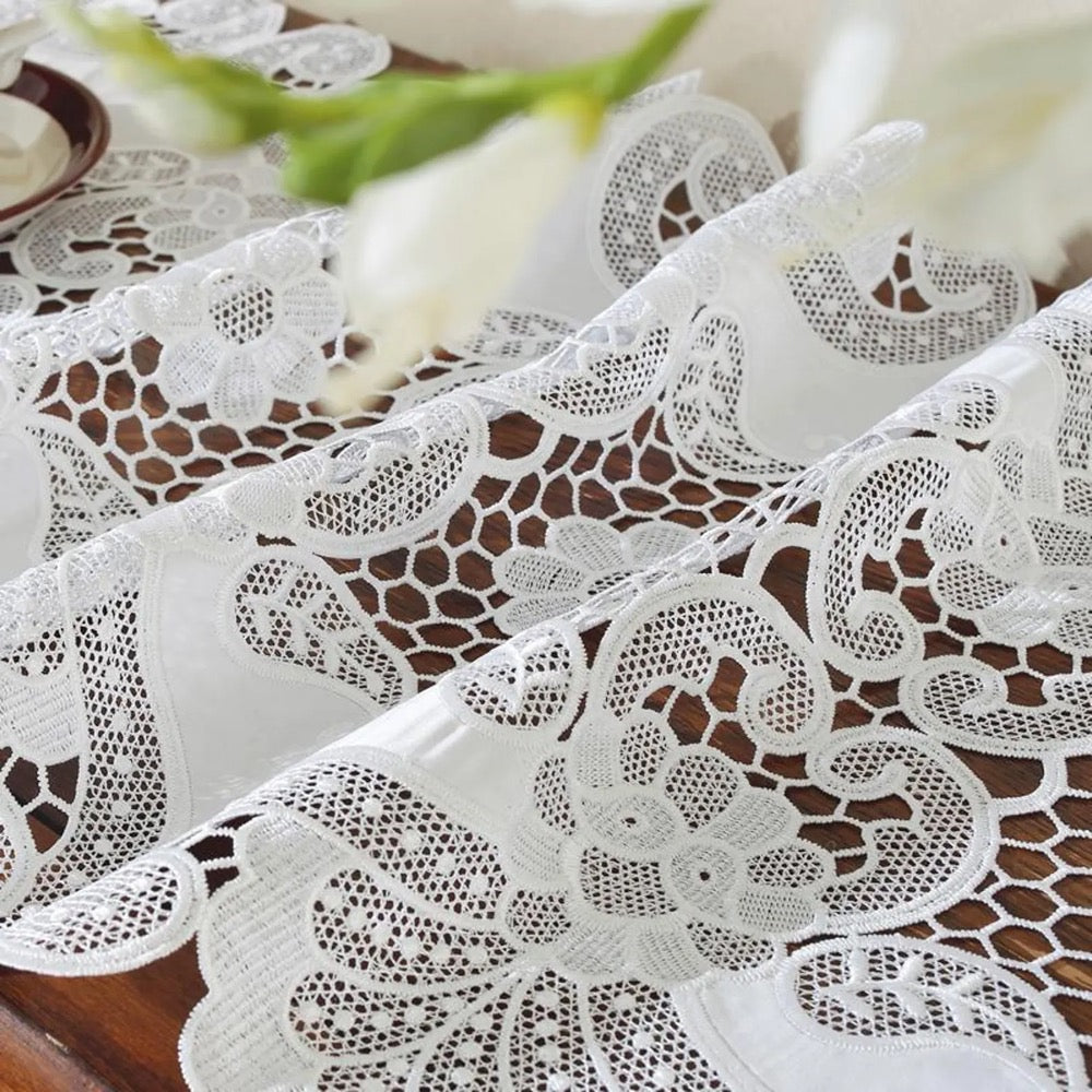 White Embroidery Lace Table Runner: Cotton Linen Applique, Holiday Decor