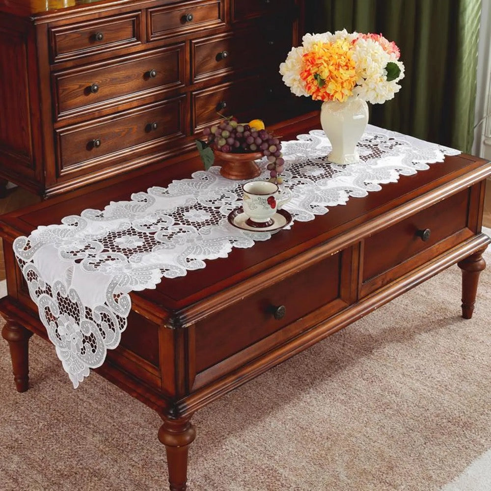 White Embroidery Lace Table Runner: Cotton Linen Applique, Holiday Decor