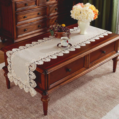 Beige Linen Table Runner: Vintage European Lace Border, Holiday Decor