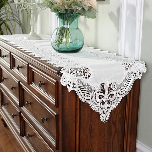 Linen Blend Table Runner with Lace Edge Off White Wedding Table Wear