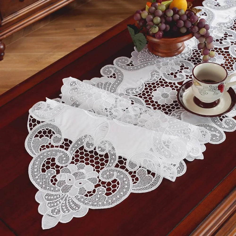 White Embroidery Lace Table Runner: Cotton Linen Applique, Holiday Decor